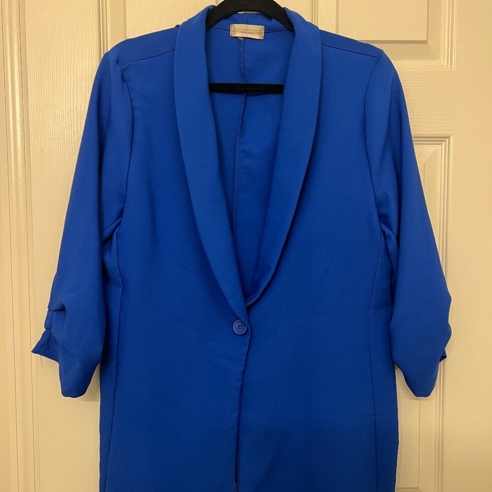 Blue Ruched 3/4 Sleeve Blazer